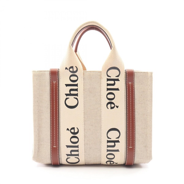 Chloe WOODY Small Tote Handbag canvas leather Beige Brown Used Women logo