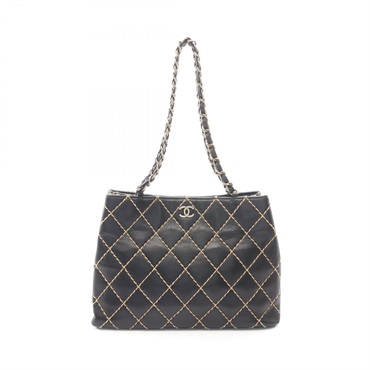 CHANEL Wild stitch chain Shoulder hand Bag leather Black Used Women GHW