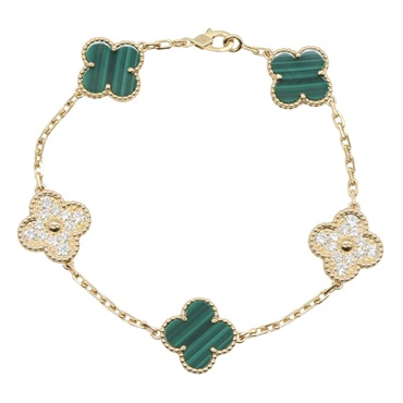 Van Cleef & Arpels Vintage Alhambra 5 Diamond Bracelet 18KYG Malachite Women