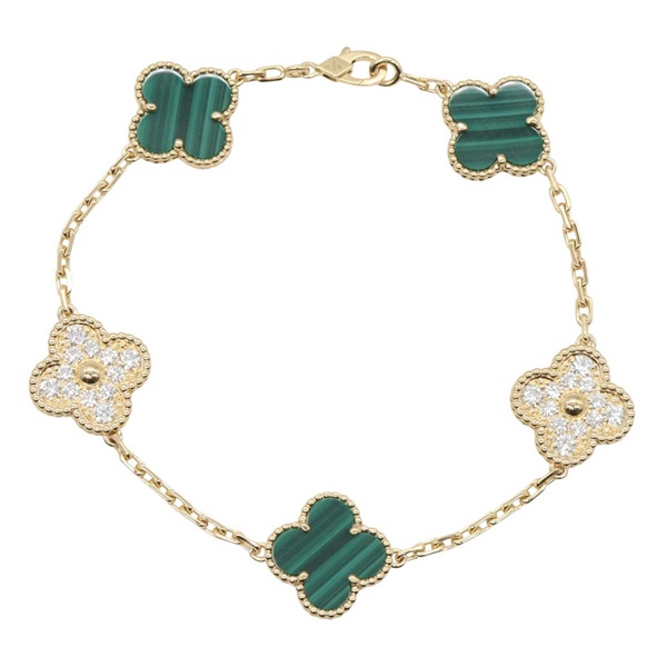 Van Cleef & Arpels Vintage Alhambra 5 Diamond Bracelet 18KYG Malachite Women
