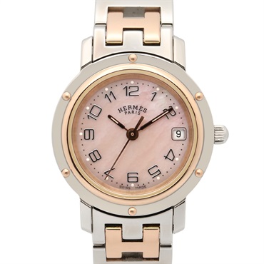 HERMES Clipper Nacre Wrist Watch CL4.221 Quartz SS Rose Gold Plated Used Women
