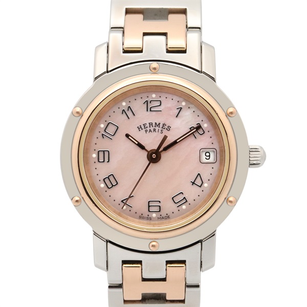 HERMES Clipper Nacre Wrist Watch CL4.221 Quartz SS Rose Gold Plated Used Women