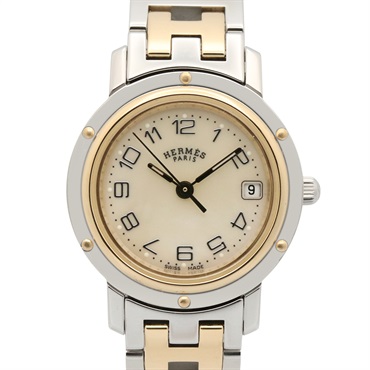 HERMES Clipper Nacre Wrist Watch CL4.220 Quartz Gold Plated SS Used Women
