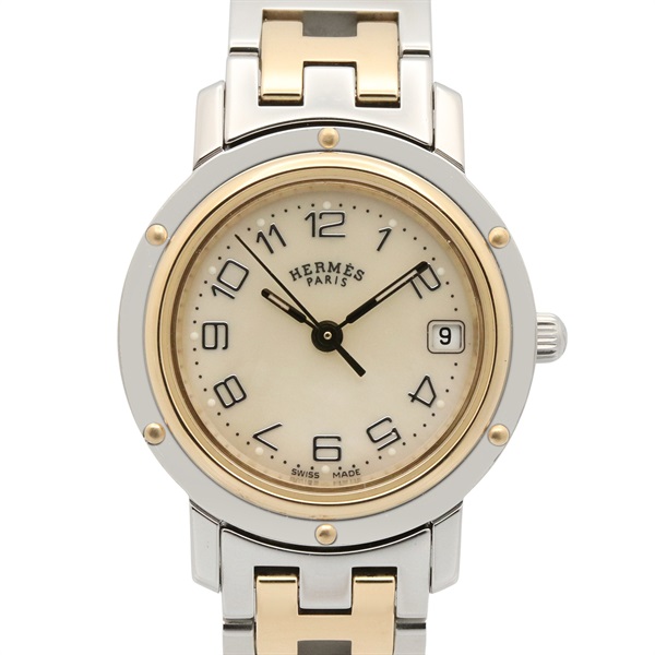 HERMES Clipper Nacre Wrist Watch CL4.220 Quartz Gold Plated SS Used Women