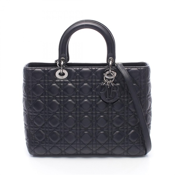 Christian Dior Lady Dior Large shoulder Handbag leather Black Used Women