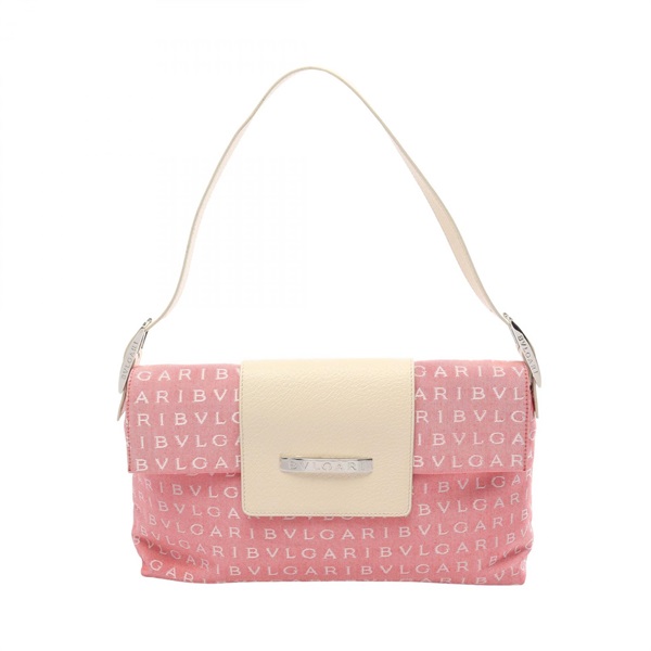 BVLGARI Logo mania Shoulder Handbag canvas leather Pink White Used Women