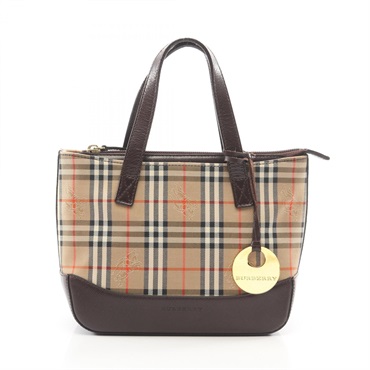 BURBERRY Haymarket Check Tote Handbag canvas leather Beige Brown Used Women