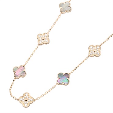 Van Cleef & Arpels Vintage Alhambra Diamond Necklace 18KRG Grey Mother of Pearl