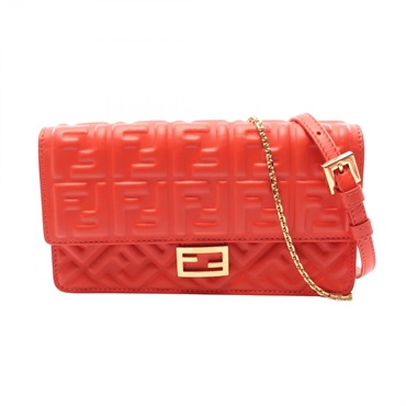 FENDI Baguette FF Logo Chain Shoulder Bag 8M0498 leather Red GHW Used Women