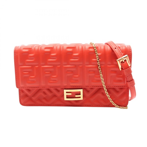 FENDI Baguette FF Logo Chain Shoulder Bag 8M0498 leather Red GHW Used Women