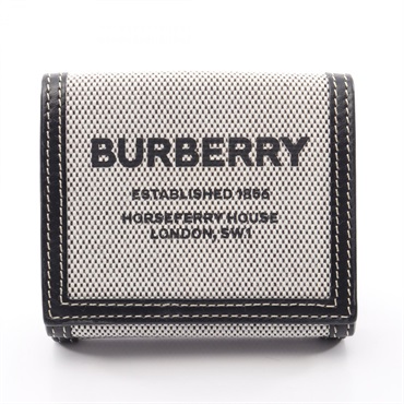 BURBERRY Horse ferry Tri-fold wallet canvas leather Black White Brown Used Women