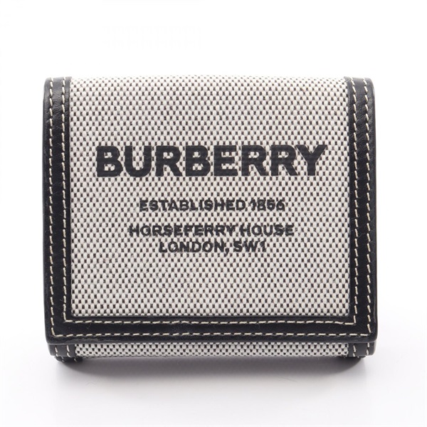 BURBERRY Horse ferry Tri-fold wallet canvas leather Black White Brown Used Women