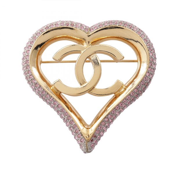 CHANEL COCO Mark Heart A19P Brooch Pin Gold Plated Rhinestone Pink Used Women CC