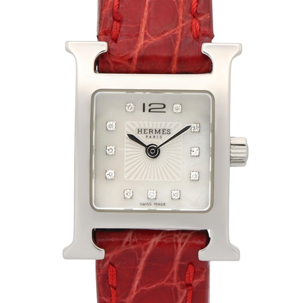 HERMES H Watch Mini Wrist Watch HH1.110 Quartz SS Diamond Leather Used Women