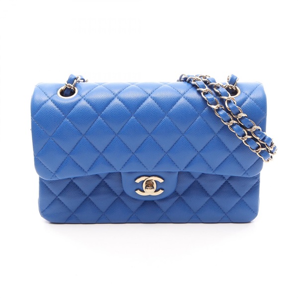 CHANEL Matelasse Double flap Chain Shoulder Handbag Calf leather Blue Used CC
