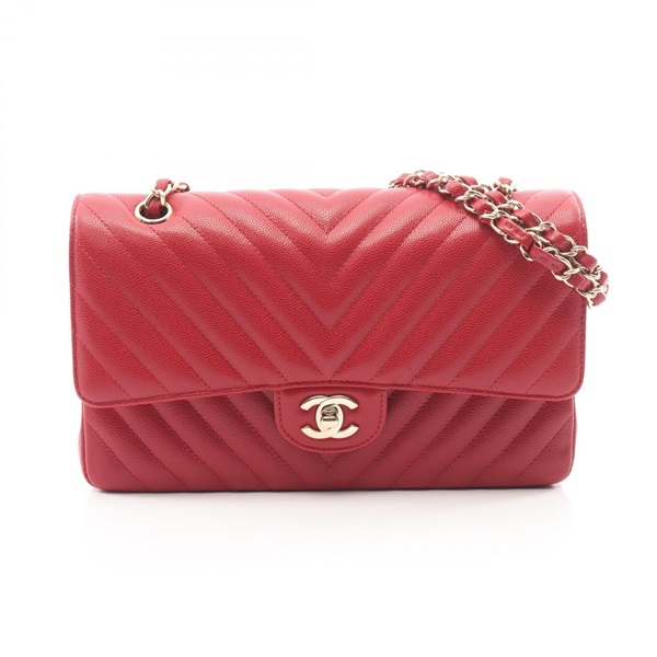 CHANEL Chevron V-stitch W flap Chain Shoulder Handbag Calf leather Red GHW Used