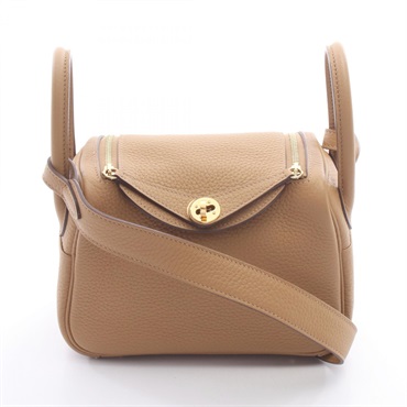 HERMES Lindy Mini Hand Shoulder Bag Clemence leather Brown Biscuit Used Z GHW