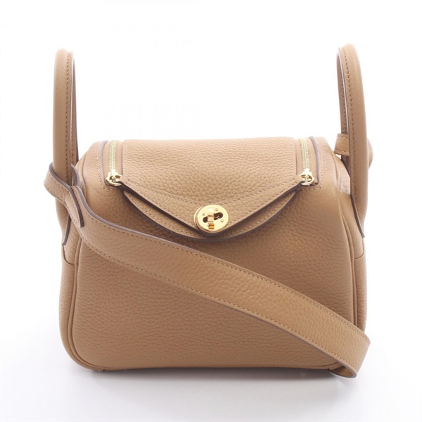 HERMES Lindy Mini Hand Shoulder Bag Clemence leather Brown Biscuit Used Z GHW