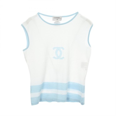 CHANEL COCO Mark Vest Sleeveless Top #40 P15734V00761 cotton White Blue Used CC