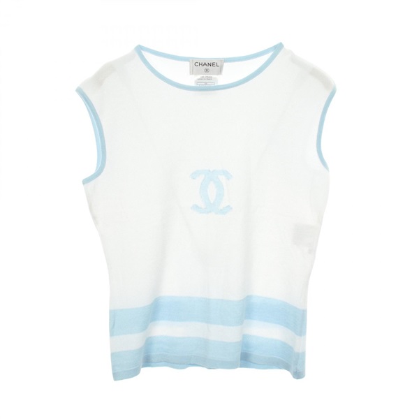 CHANEL COCO Mark Vest Sleeveless Top #40 P15734V00761 cotton White Blue Used CC
