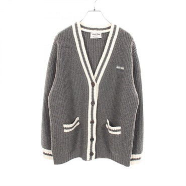 Miu Miu logo ribbed Knit Cardigan #36 MMF929 cashmere wool Gray White Used Women