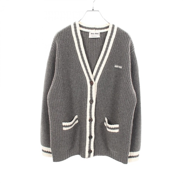 Miu Miu logo ribbed Knit Cardigan #36 MMF929 cashmere wool Gray White Used Women