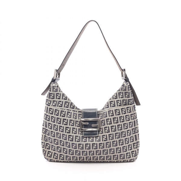 FENDI Zucchino Shoulder Handbag canvas leather Navy Gray Used Women