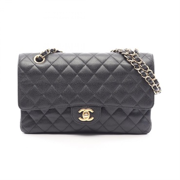 CHANEL Matelasse W flap Shoulder Bag Grained Calfskin Leather Black Used GHW CC