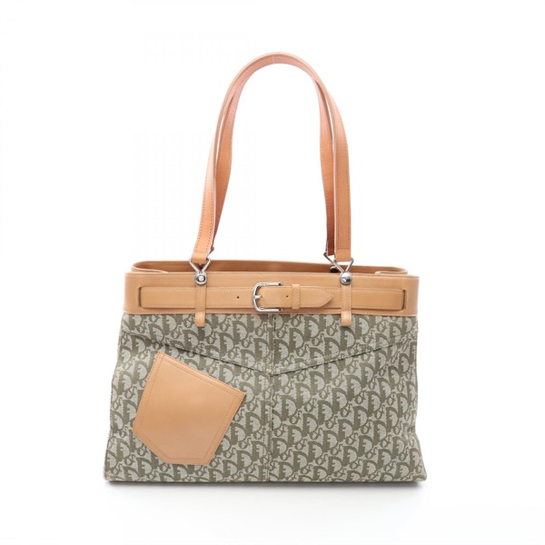 Christian Dior Trotter Tote SHoulder Bag canvas leather Green White Beige Used