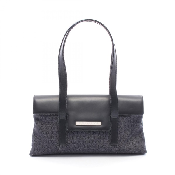 BVLGARI Logo mania Shoulder Handbag denim leather Navy Black Used Women