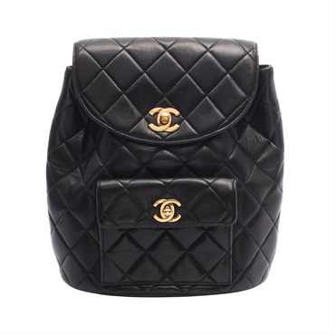 CHANEL Matelasse Turn Lock Chain Rucksack Backpack Lamb leather Black Used GHW