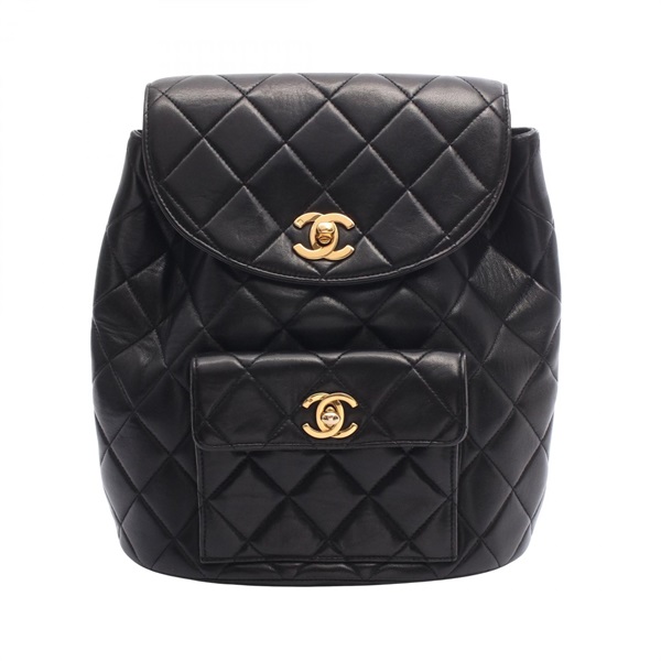 CHANEL Matelasse Turn Lock Chain Rucksack Backpack Lamb leather Black Used GHW