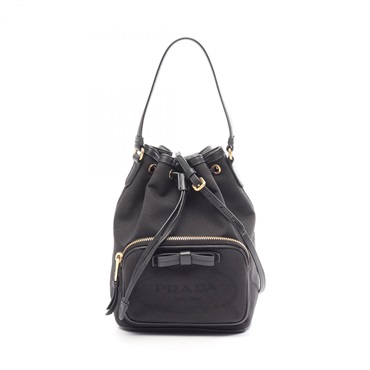 PRADA LOGO JACQUARD Ribbon Drawstring Shoulder Handbag canvas leather Black Used