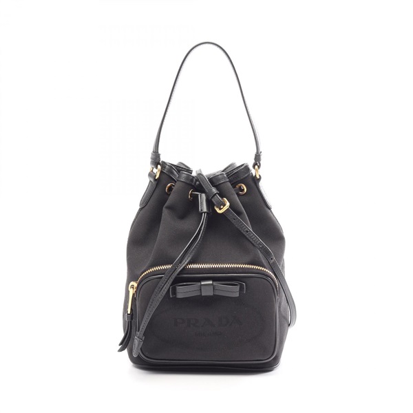 PRADA LOGO JACQUARD Ribbon Drawstring Shoulder Handbag canvas leather Black Used