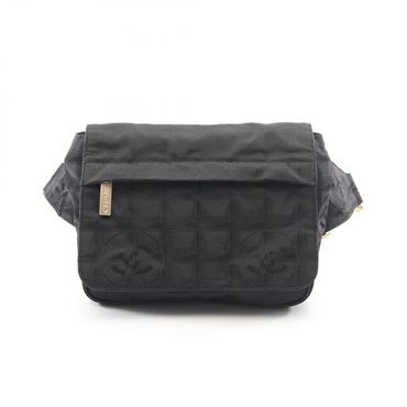 CHANEL New travel line Waist Belt Bag leather Nylon canvas Black Used Women CC