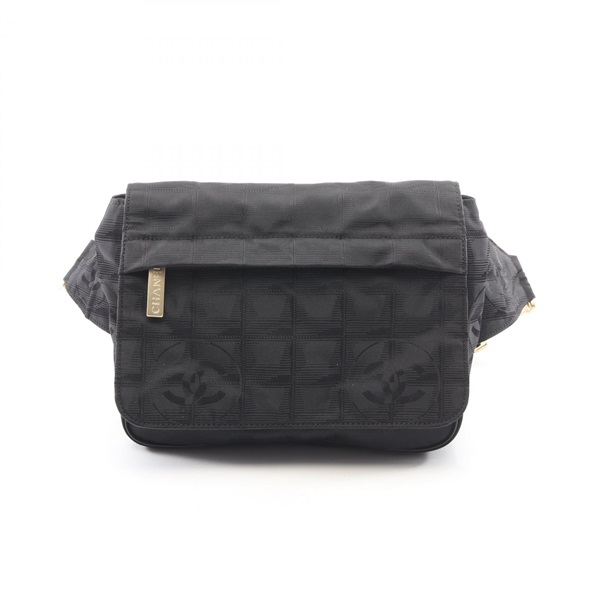 CHANEL New travel line Waist Belt Bag leather Nylon canvas Black Used Women CC