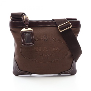 PRADA LOGO JACQUARD Crossbody Shoulder Bag canvas leather Brown Used Women