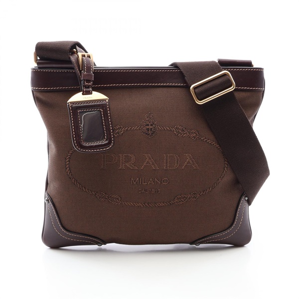PRADA LOGO JACQUARD Crossbody Shoulder Bag canvas leather Brown Used Women