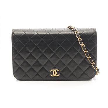 CHANEL Matelasse Full Flap Push Lock chain Shoulder Bag Lambskin Black Used GHW