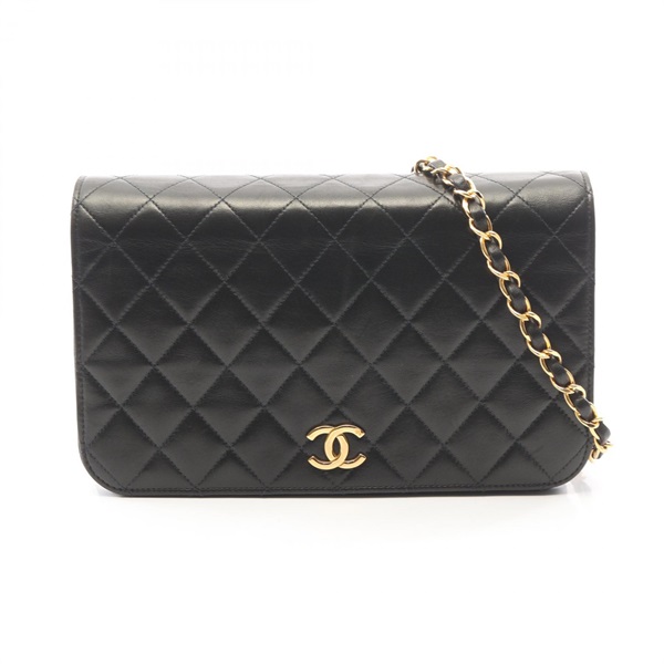 CHANEL Matelasse Full Flap Push Lock chain Shoulder Bag Lambskin Black Used GHW