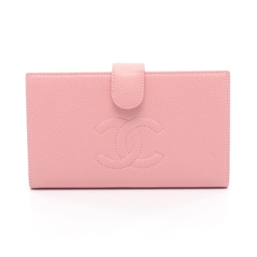 CHANEL COCO Mark Bifold Long Purse Wallet Grained Calfskin leather Pink GHW Used