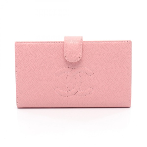 CHANEL COCO Mark Bifold Long Purse Wallet Grained Calfskin leather Pink GHW Used