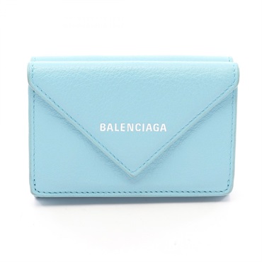 BALENCIAGA Paper mini Tri-fold wallet 391446 leather Blue Used Women logo