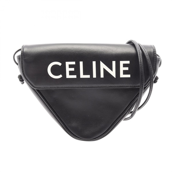 CELINE Triangle Shoulder crossbody Bag leather Black Used Women