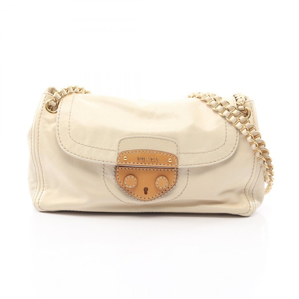 PRADA VITELLO SHINE Chain Shoulder Handbag leather Beige Beige Used Women