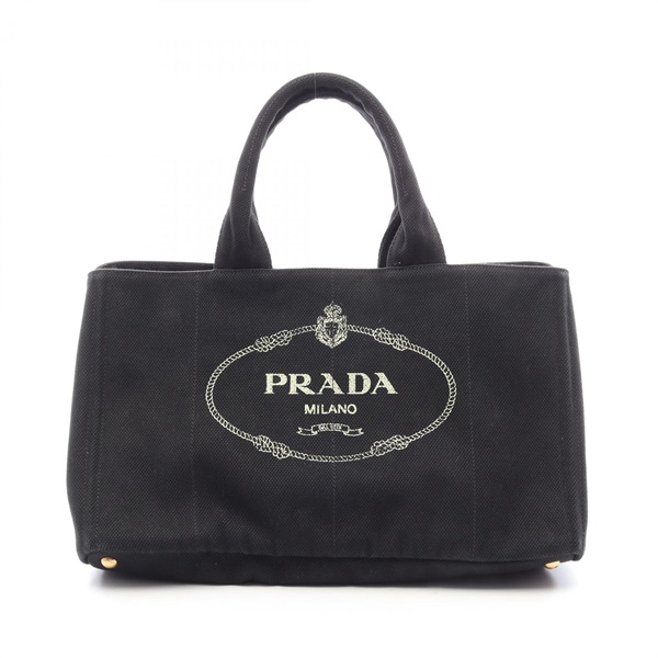 PRADA DENIM CANAPA Hand Tote Bag canvas Black Used Women Logo