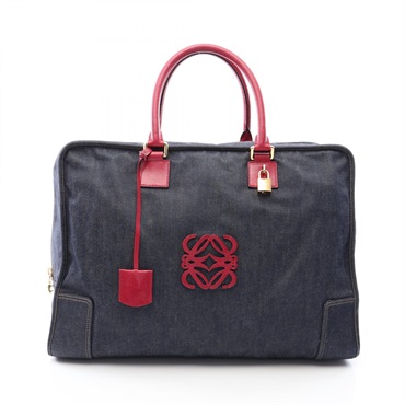 LOEWE Amazona 50 Boston Handbag denim leather Navy Bordeaux Used Women