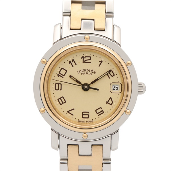 HERMES Clipper Combination Wrist Watch CL4.220 Quartz Gold Plated SS Used Women