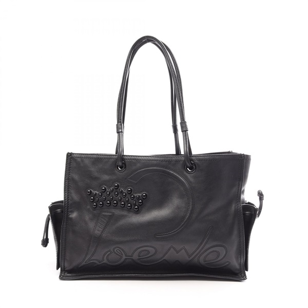 LOEWE Crown Logo Tote shoulder hand Bag leather Black Used Women