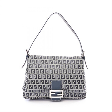 FENDI Mamma bucket Zucchino Shoulder Bag canvas leather Gray Navy Used Women